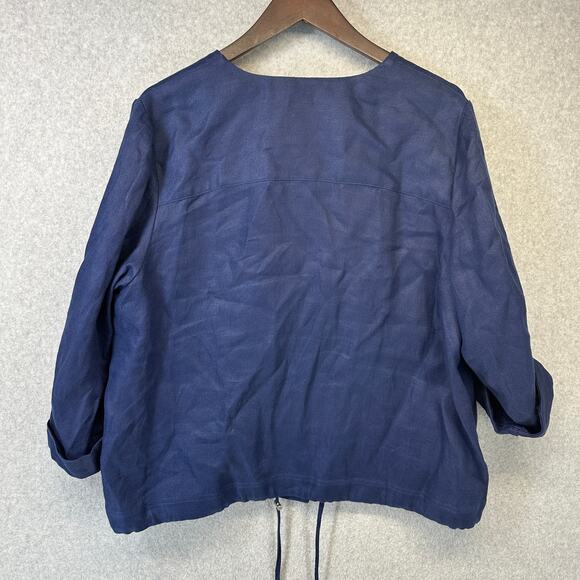 Chico's Short Linen Utility Jacket Womens Size 3 Navy Blue Snap Front 3/4 Sleeve - Picture 2 of 14